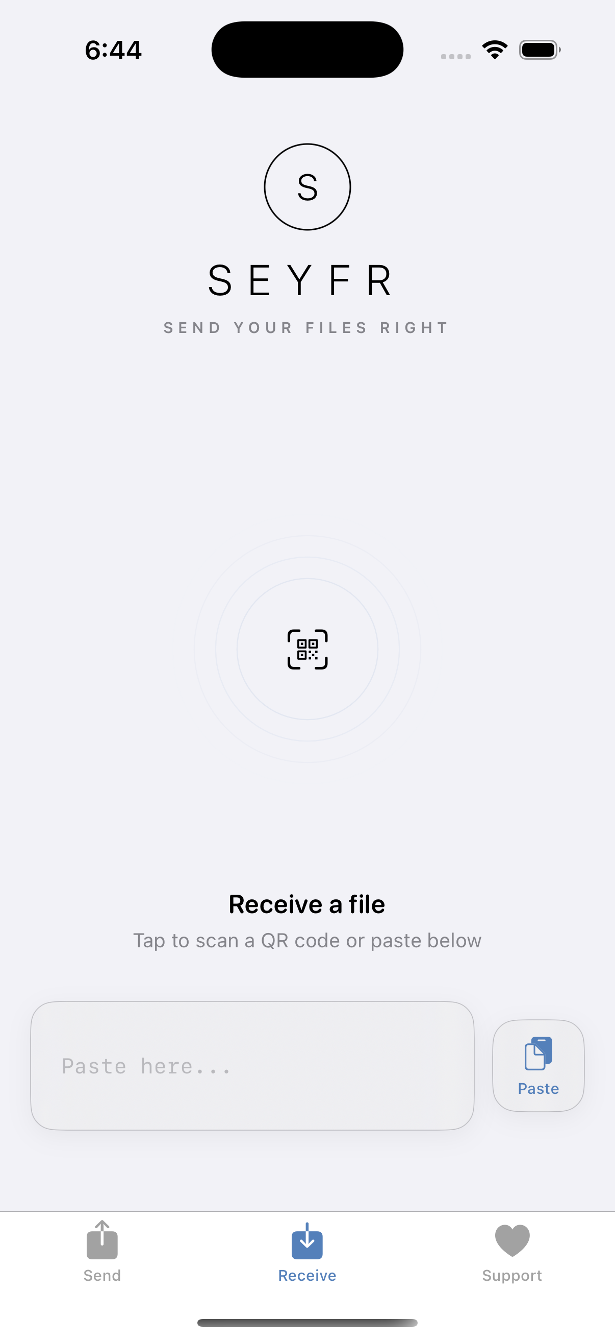 SEYFR Receive screen running on iPhone