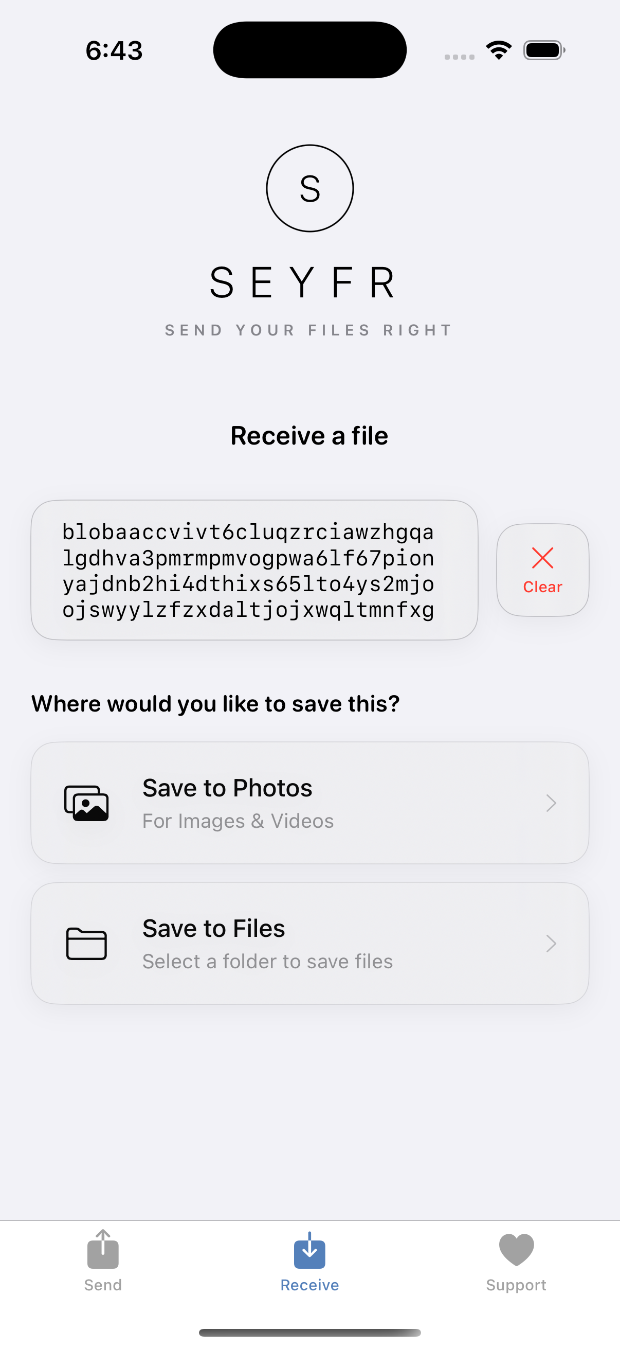 Seyfr iOS app showing save options for received files