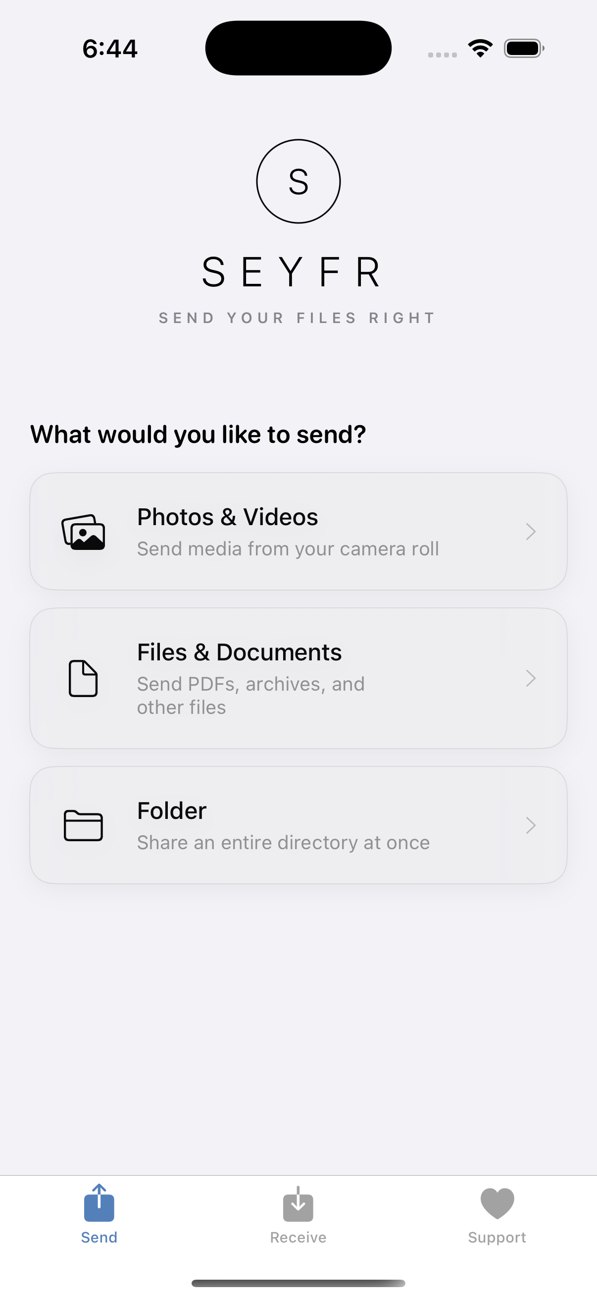 SEYFR iPhone screen for choosing photos, videos, files or folders to send