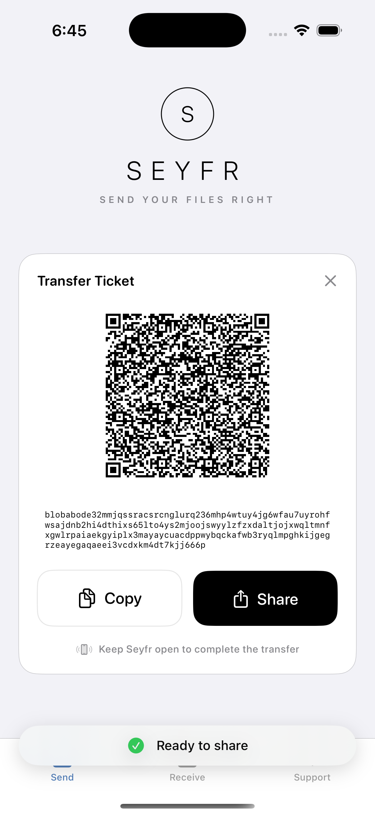Seyfr phone app showing QR code and token ready to share