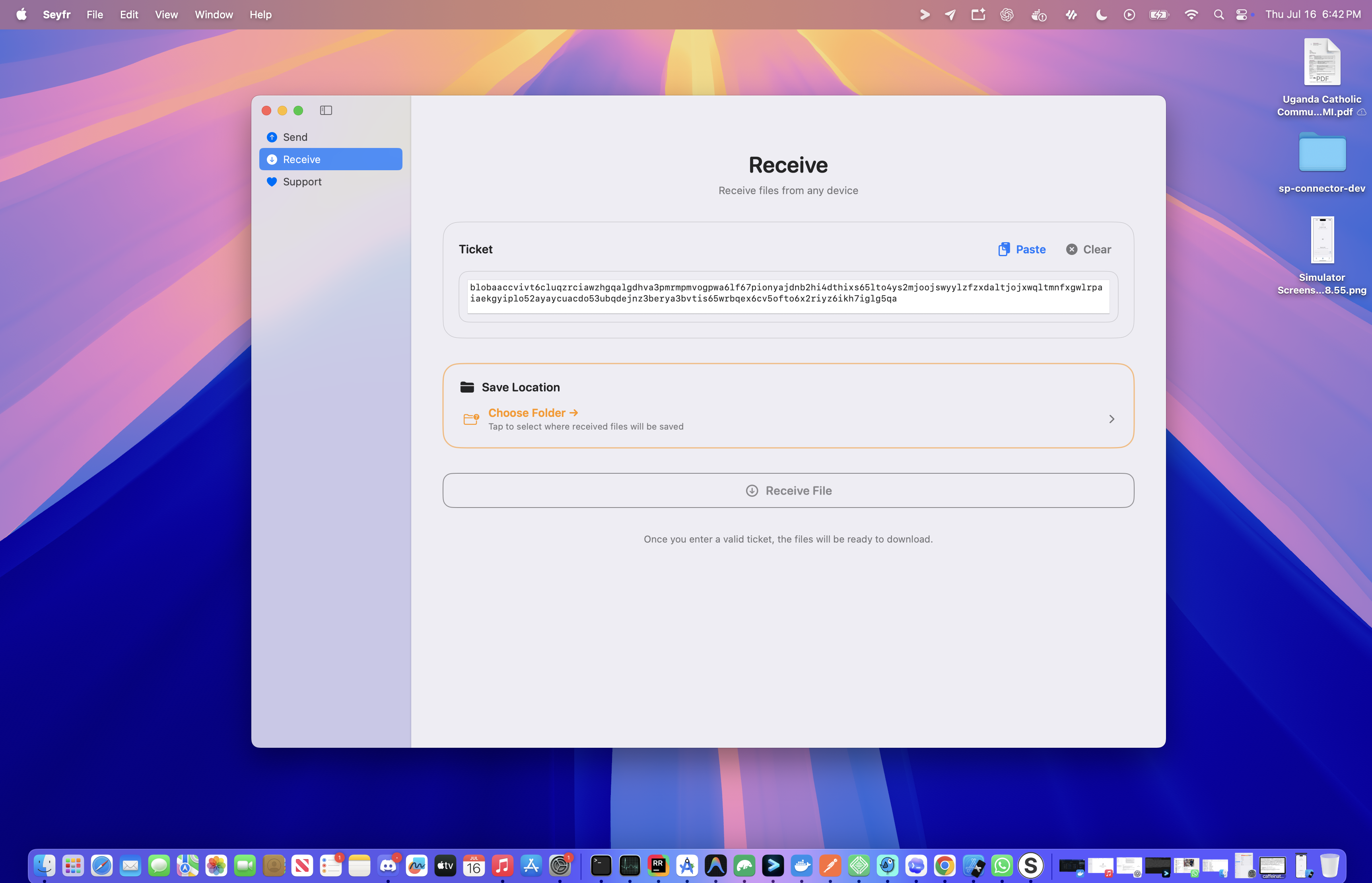 Seyfr macOS app with connection token pasted