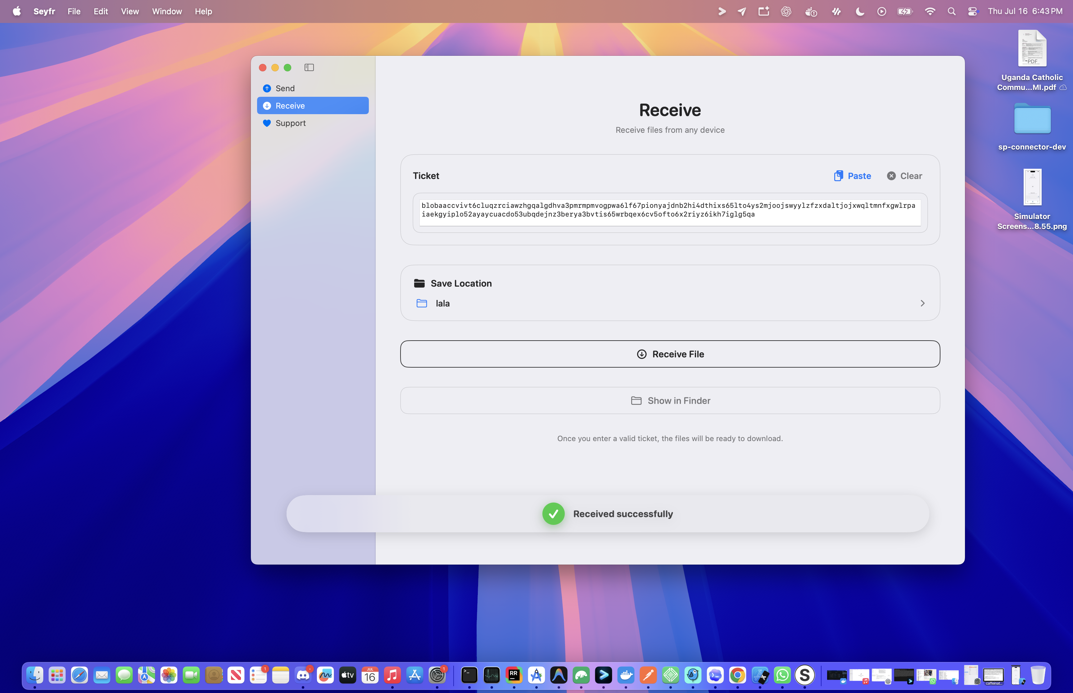 Seyfr macOS app showing successful transfer completion