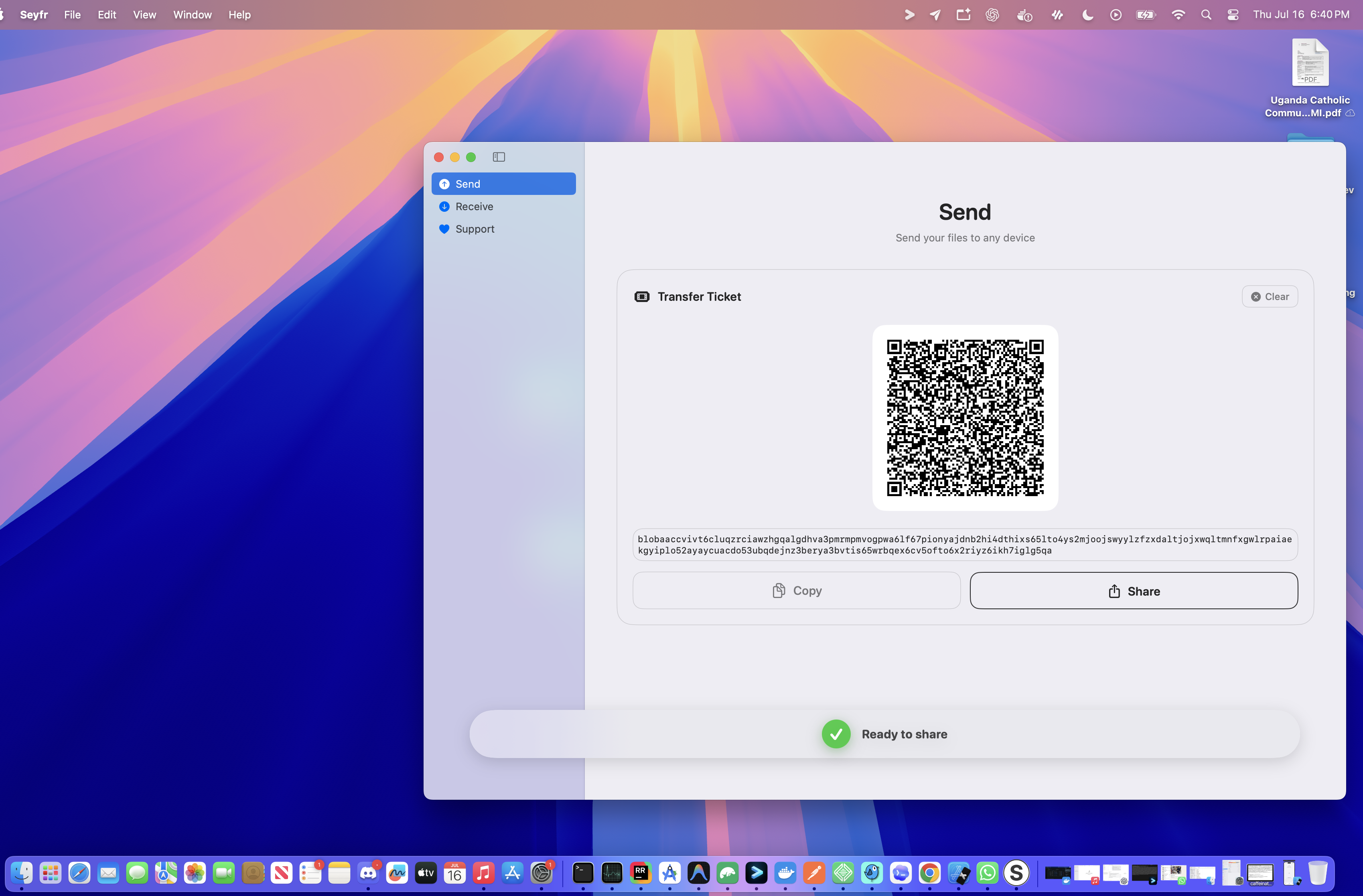Seyfr macOS app generating a file transfer ticket with QR code and token